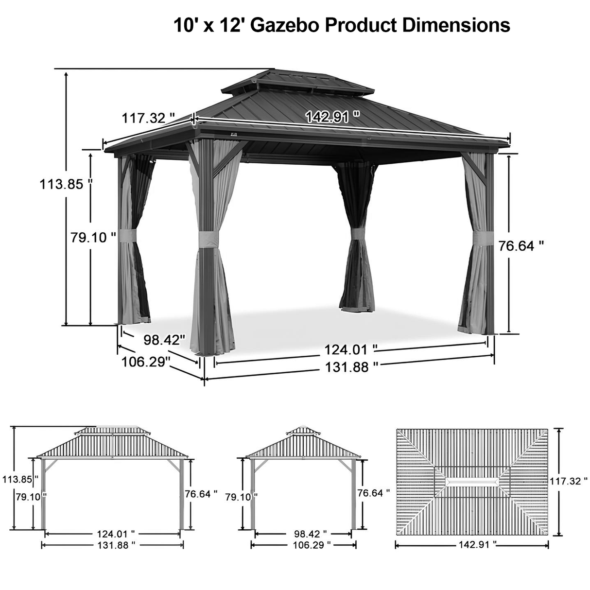 Patioslife Haven | 10' x 12' Grey Hardtop Pergola Gazebo, Aluminium Outdoor Structure with Double Vented Roof & Side Curtains