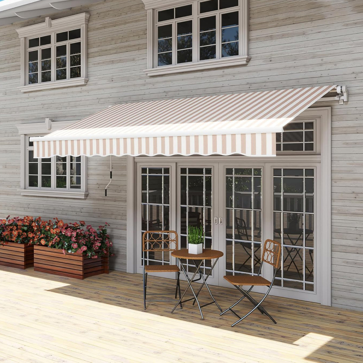 Patioslife 12'x10' Retractable Awning, Beige and White Manual Crank Patio Awning with UV-Resistant Canopy for Deck Balcony