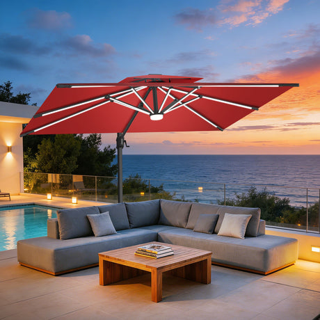 Patioslife 10x13 ft burgundy
 cantilever umbrella with LED lights over outdoor patio sofa at sunset