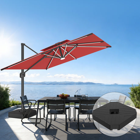 Burgundy Patioslife 10x13 ft cantilever umbrella with LED lights and wheeled base over outdoor dining table by ocean