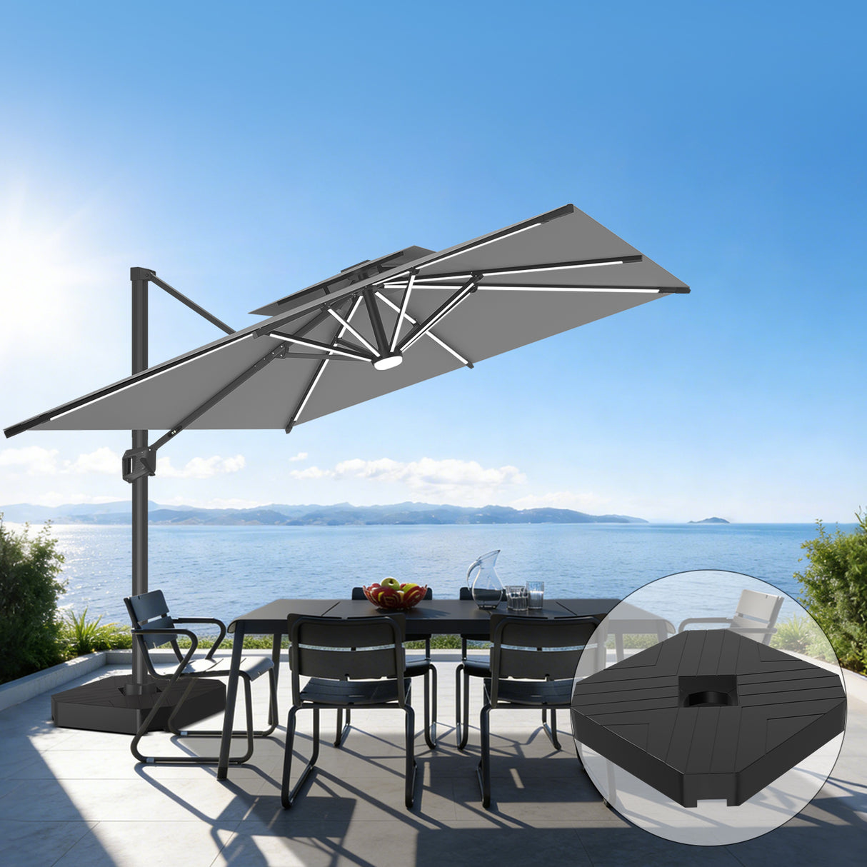 Patioslife 10x13 ft  Charcoal cantilever umbrella with LED lights and wheeled base over ocean view patio dining set