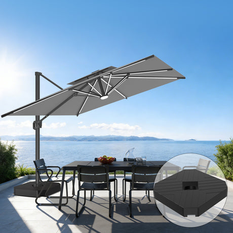 Patioslife 10x13 ft  Charcoal cantilever umbrella with LED lights and wheeled base over ocean view patio dining set