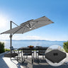 Patioslife 10x13 ft  Charcoal cantilever umbrella with LED lights and wheeled base over ocean view patio dining set
