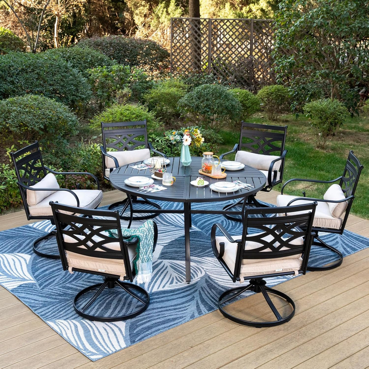 Patioslife 7 PCS Patio Dining Set – Rectangular Table with Umbrella Hole & 6 Cushioned Chairs for Backyard｜Porch｜Balcony｜Deck