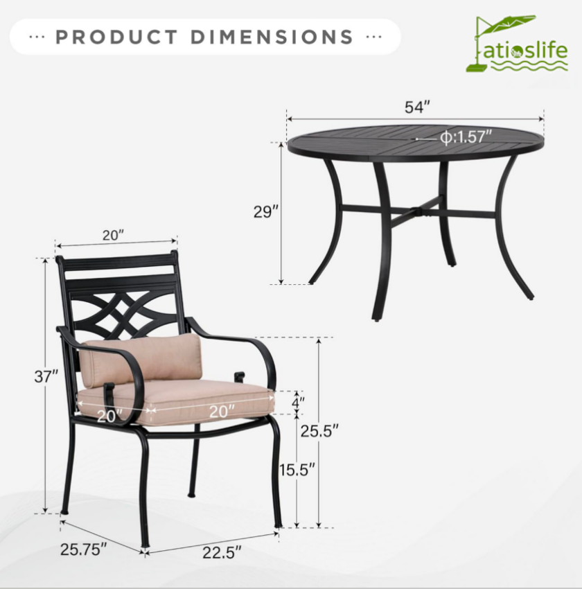 Patioslife 7 PCS Patio Dining Set – Rectangular Table with Umbrella Hole & 6 Cushioned Chairs for Backyard｜Porch｜Balcony｜Deck