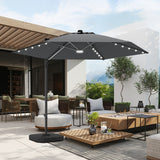 Dark Grey cantilever patio umbrella with built-in LED lights, solar-powered, large offset design for backyard, deck, or poolside shade