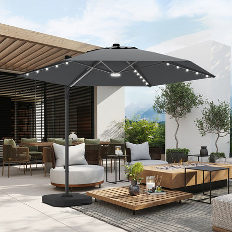 Dark Grey cantilever patio umbrella with built-in LED lights, solar-powered, large offset design for backyard, deck, or poolside shade