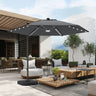 Dark Grey cantilever patio umbrella with built-in LED lights, solar-powered, large offset design for backyard, deck, or poolside shade