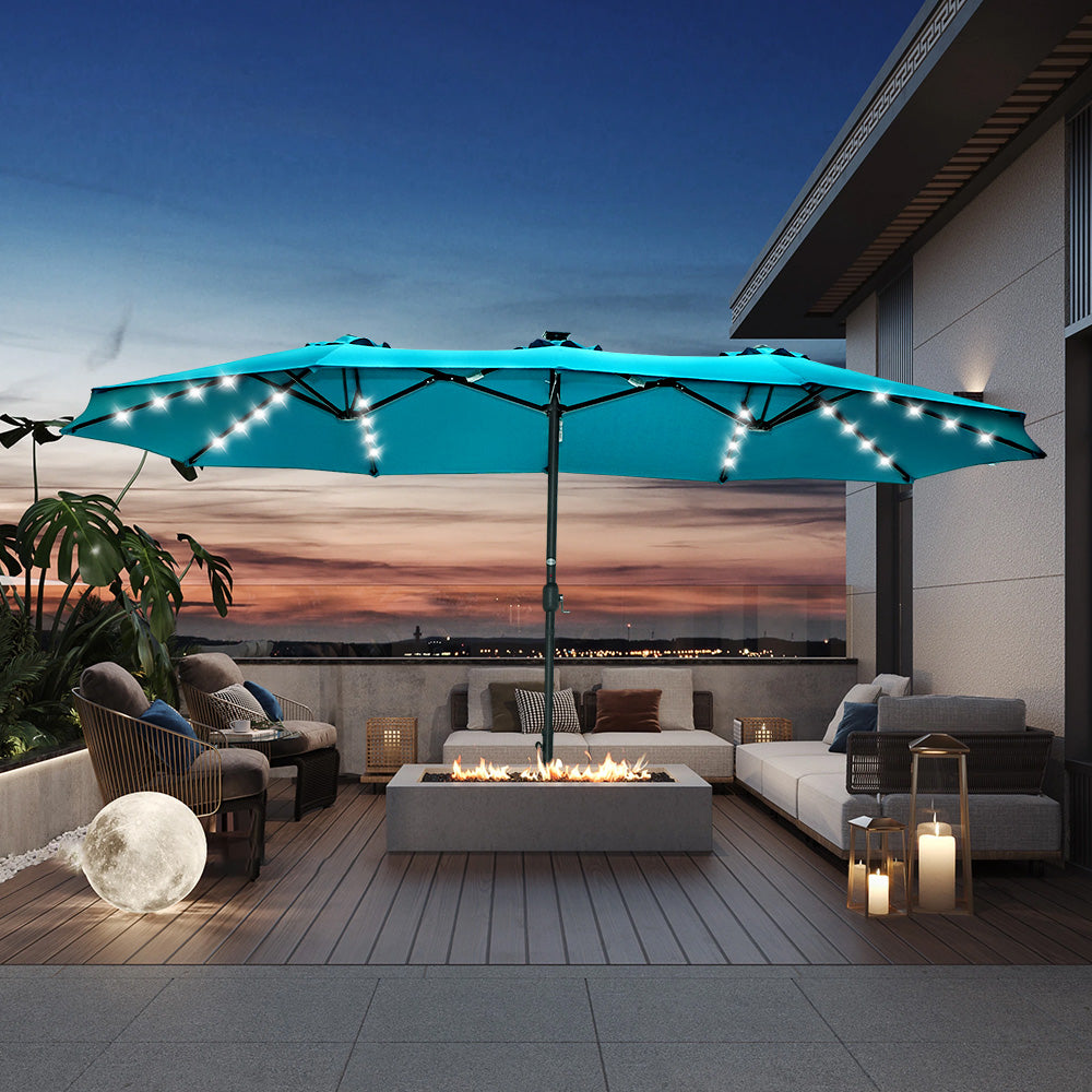 best choice 15x9 twin patio market umbrella Double-Sided with LED Lights casting a gentle Easton Twin 15 x 9