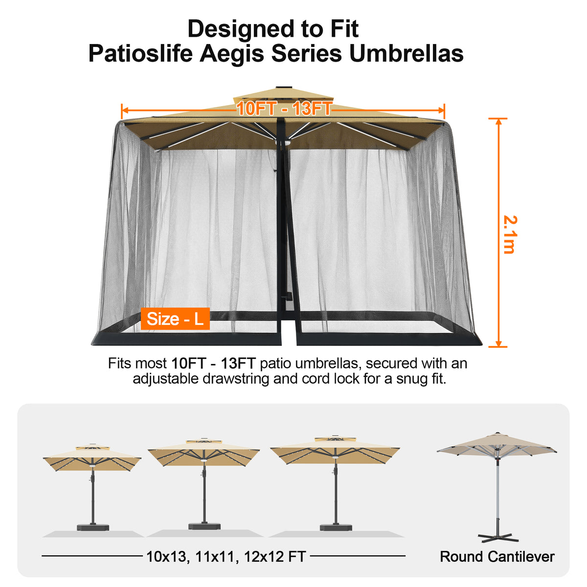 Patioslife Mosquito Net for Cantilever Patio Umbrella – Zippered Bug Netting Enclosure with Weighted Hem, Fits 8–13 ft Umbrellas
