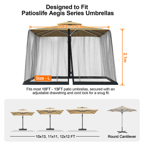 Patioslife Mosquito Net for Cantilever Patio Umbrella – Zippered Bug Netting Enclosure with Weighted Hem, Fits 8–13 ft Umbrellas