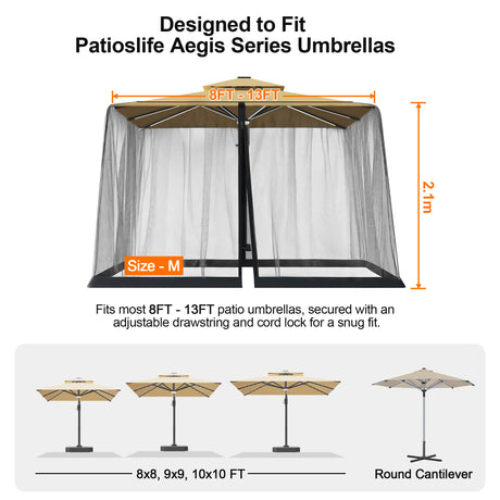 Patioslife Mosquito Net for Cantilever Patio Umbrella – Zippered Bug Netting Enclosure with Weighted Hem, Fits 8–13 ft Umbrellas