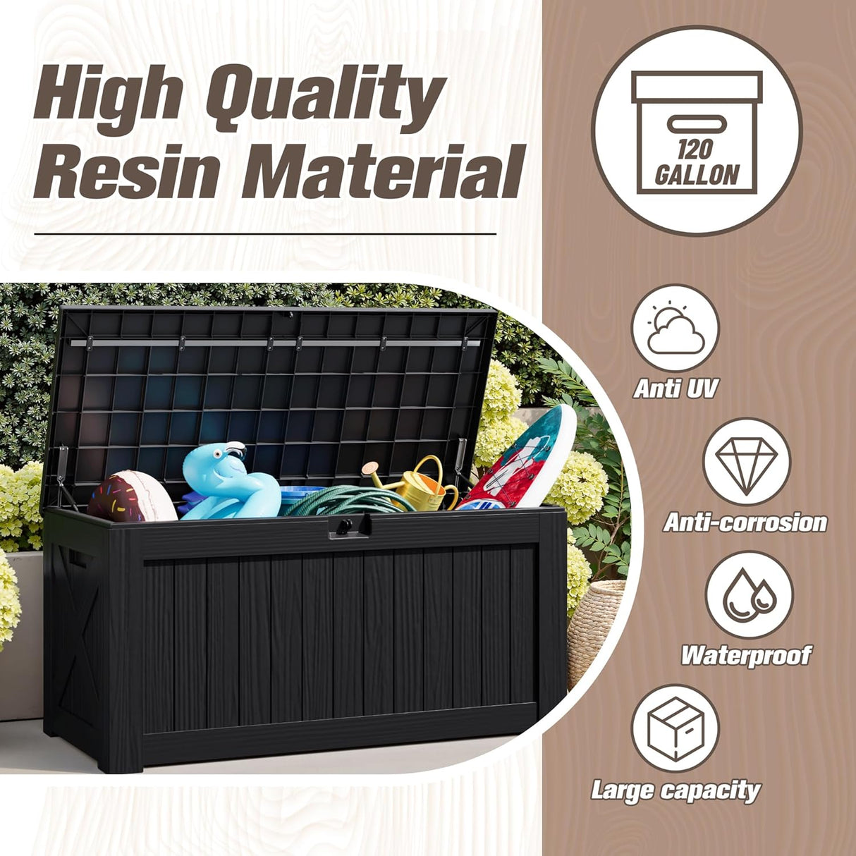 Patioslife 120 gallon black deck box with pillows, indoor patio setting