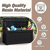 Patioslife 120 gallon black deck box with pillows, indoor patio setting