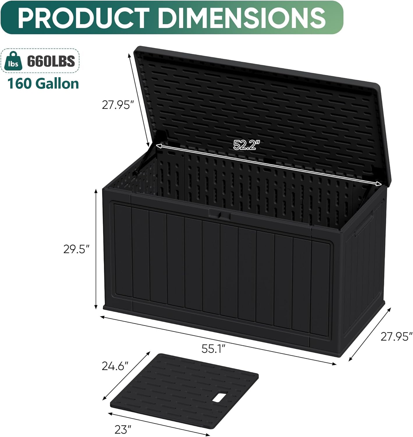 Patioslife 160 gallon outdoor storage box dimensions diagram, size guide