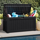 Patioslife 90 gallon black deck box with pool toys, backyard poolside setting