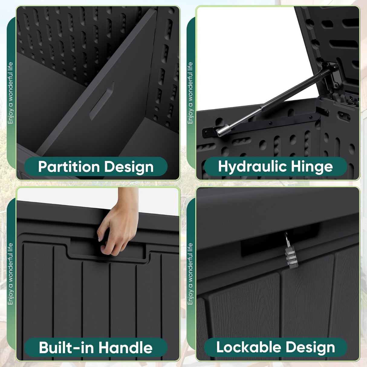 Patioslife 90 gallon outdoor storage box features, partition design, hydraulic hinge, lockable lid