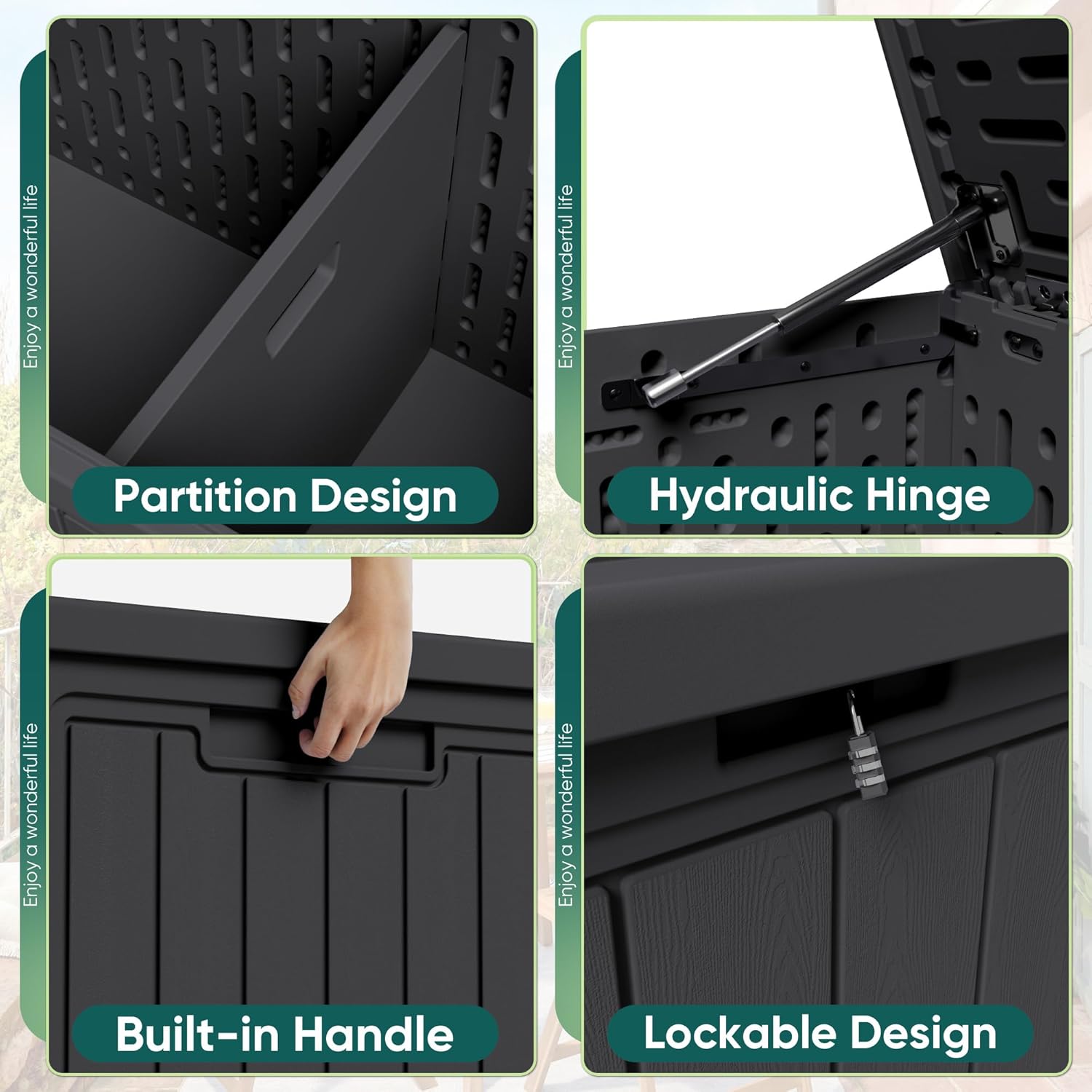 Patioslife 90 gallon outdoor storage box features, partition design, hydraulic hinge, lockable lid