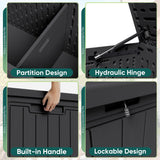 Patioslife 90 gallon outdoor storage box features, partition design, hydraulic hinge, lockable lid