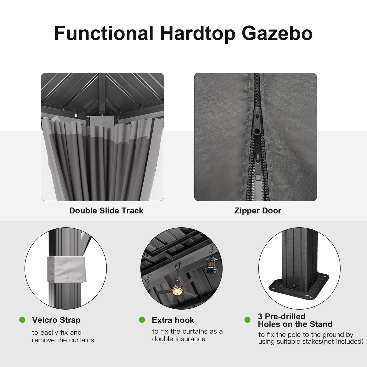 Patioslife Haven hardtop gazebo details with double slide track, zipper netting, Velcro straps, extra hooks, and pre-drilled anchor holes.