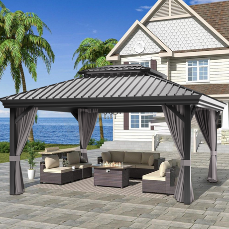 Patioslife grey 10x12ft outdoor gazebo with patio furniture by seaside, modern backyard canopy