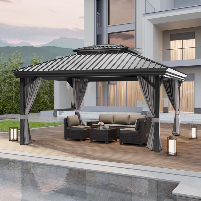 Patioslife grey 10x14ft hardtop gazebo with seating area by poolside, contemporary outdoor pavilion