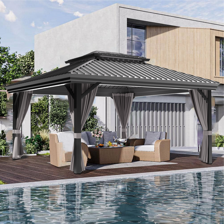 Patioslife grey 12x16ft outdoor gazebo with seating area by poolside, modern patio canopy