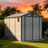 Patioslife light grey double-door plastic garden shed with apex roof, side window, and ventilation, large outdoor storage solution for lawn tools and equipment