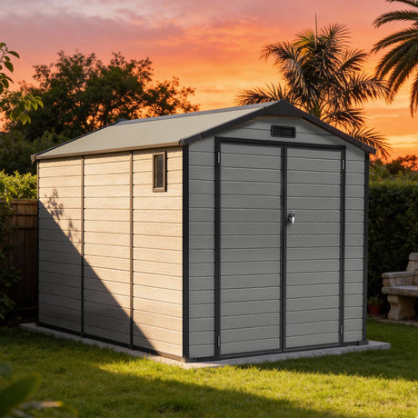 Patioslife light grey double-door plastic garden shed with apex roof, side window, and ventilation, large outdoor storage solution for lawn tools and equipment