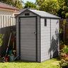 Patioslife light grey plastic garden storage shed with single lockable door, apex roof, side window, and ventilation, ideal for backyard tool and garden supplies storage