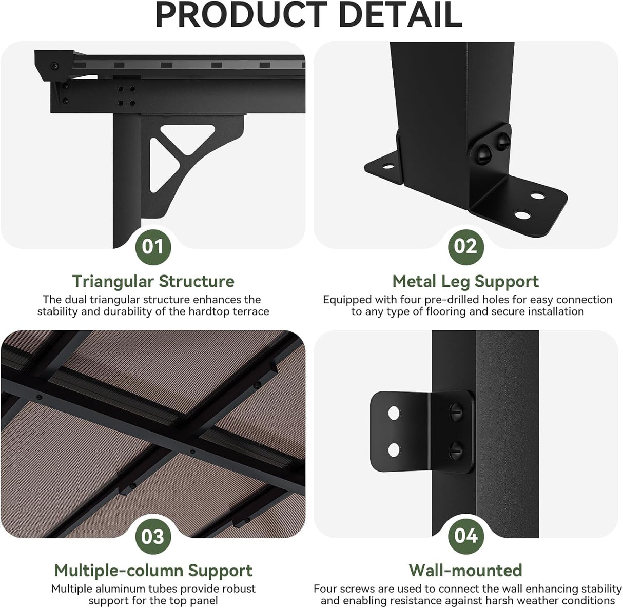 Patioslife patio pergola product details showing triangular support, metal leg base, wall mount, and multi-column frame design