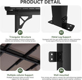 Patioslife patio pergola product details showing triangular support, metal leg base, wall mount, and multi-column frame design