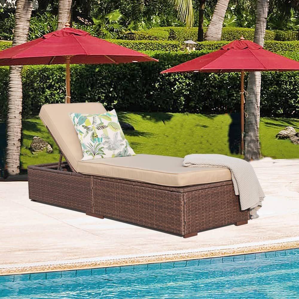 Patioslife Outdoor Reclining Chaise Lounges – Grey Rattan Adjustable Chairs with Cushions for Poolside & Garden