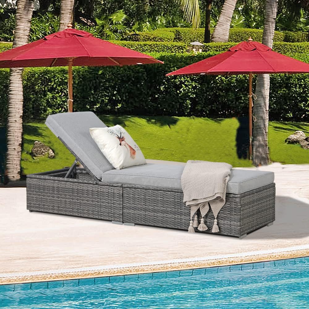 Patioslife Outdoor Reclining Chaise Lounges – Grey Rattan Adjustable Chairs with Cushions for Poolside & Garden
