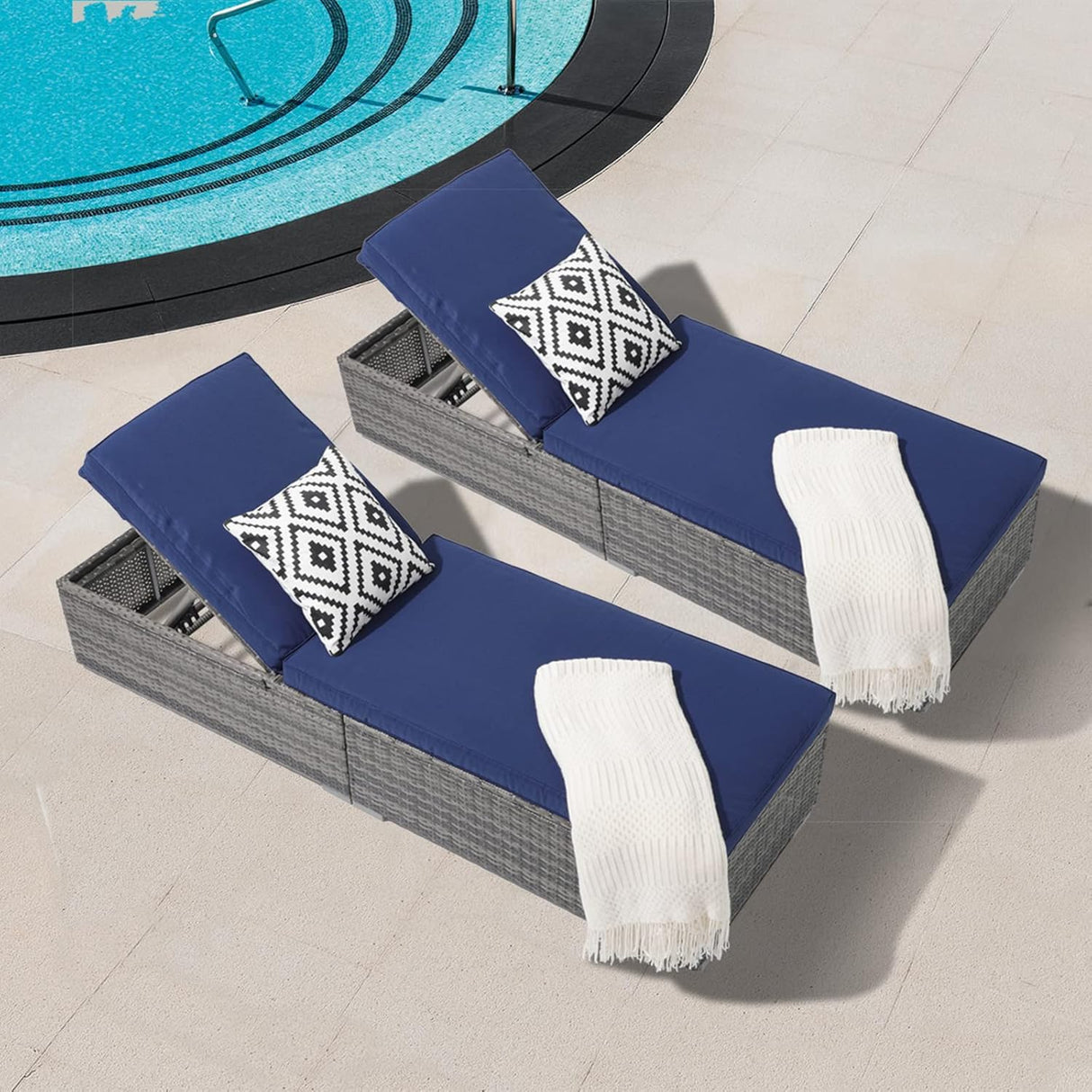 Patioslife Outdoor Reclining Chaise Lounges – Grey Rattan Adjustable Chairs with Cushions for Poolside & Garden