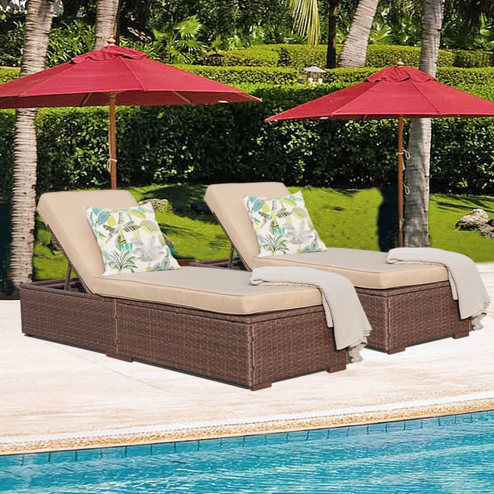 Patioslife Outdoor Reclining Chaise Lounges – Grey Rattan Adjustable Chairs with Cushions for Poolside & Garden