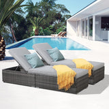 Patioslife Outdoor Reclining Chaise Lounges – Grey Rattan Adjustable Chairs with Cushions for Poolside & Garden