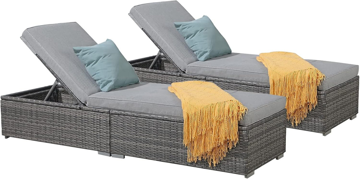 Patioslife Outdoor Reclining Chaise Lounges – Grey Rattan Adjustable Chairs with Cushions for Poolside & Garden