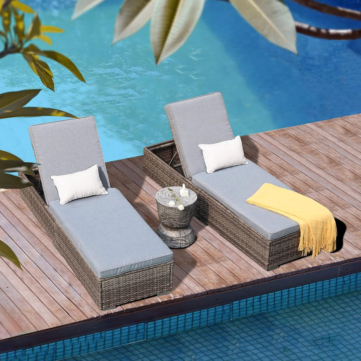 Patioslife Outdoor Reclining Chaise Lounges – Grey Rattan Adjustable Chairs with Cushions for Poolside & Garden