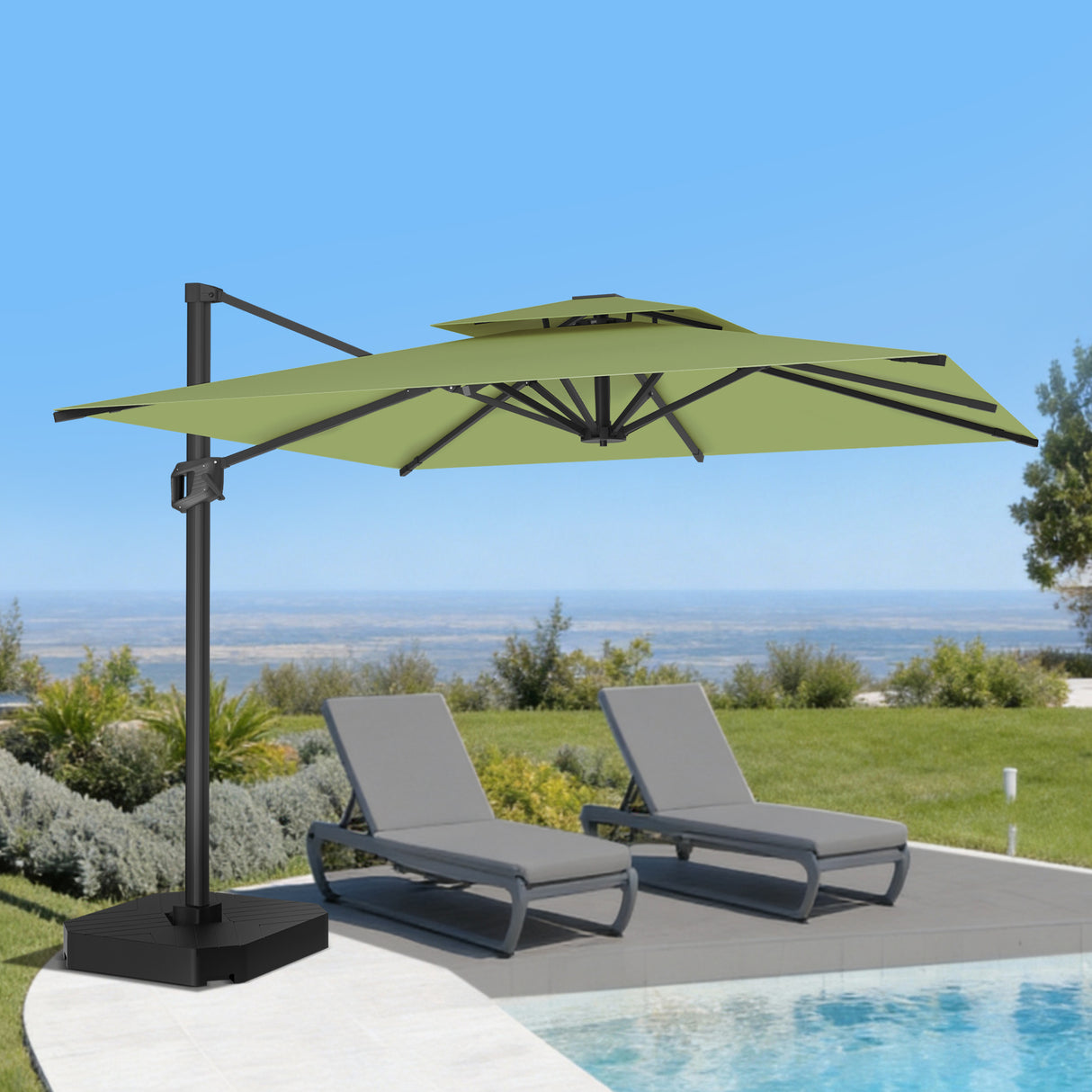Patioslife 10x13 ft sage green cantilever umbrella shading poolside lounge chairs in a backyard garden
