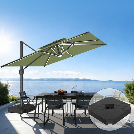 Patioslife 10x13 ft  Sage green cantilever umbrella with LED lights and wheeled base over patio dining furniture