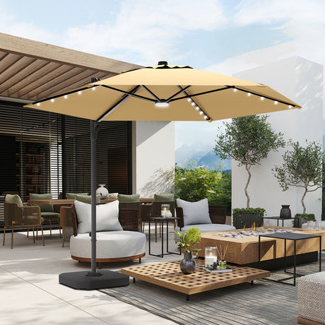 patioslife Tan cantilever patio umbrella with built-in LED lights, solar-powered, large offset design for backyard, deck, or poolside shade
