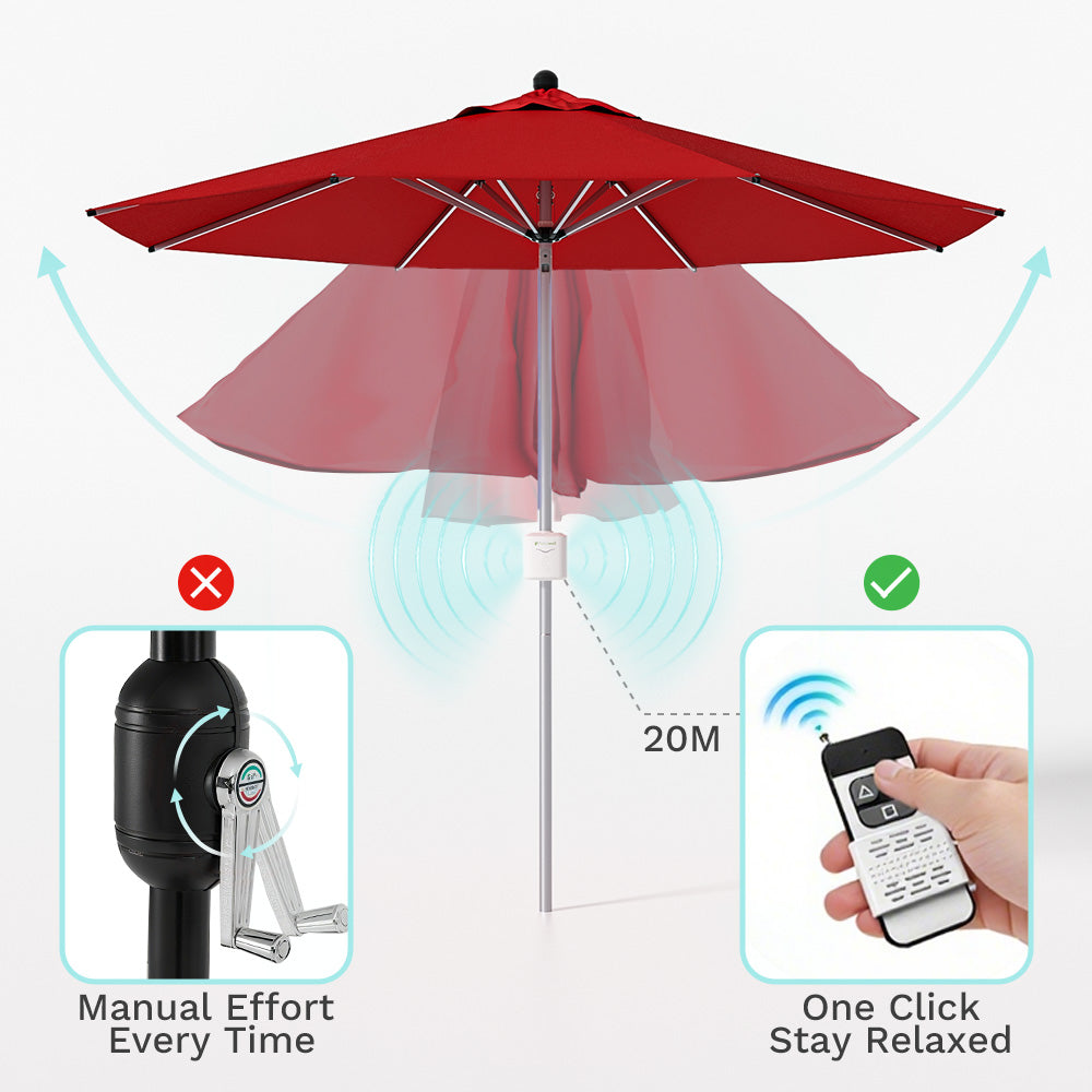 9ft Motorized Patio Umbrella – Remote Control, Easy Tilt Adjustment & Optional Base for Garden, Deck or Poolside Shade