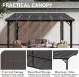 Patioslife waterproof patio pergola canopy with sloped roof design, drainage holes, and outdoor furniture for backyard shade.