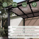 Patioslife wall mounted patio pergola with fire-resistant canopy, sturdy frame, ventilation, and waterproof outdoor roof panels.