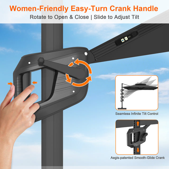 Patioslife Aegis Premium Cantilever Umbrella with Built-In LED Strip Lights and Reinforced Aluminum Ribs & Pole for Patios & Gardens