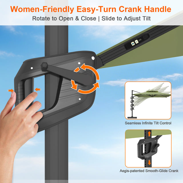 Patioslife Aegis Premium Cantilever Umbrella with Built-In LED Strip Lights and Reinforced Aluminum Ribs & Pole for Patios & Gardens