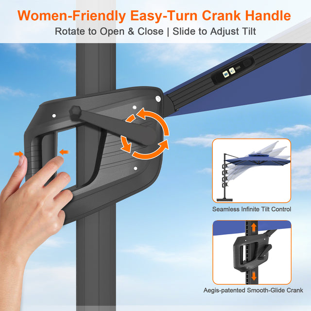 Patioslife Aegis Premium Cantilever Umbrella with Built-In LED Strip Lights and Reinforced Aluminum Ribs & Pole for Patios & Gardens