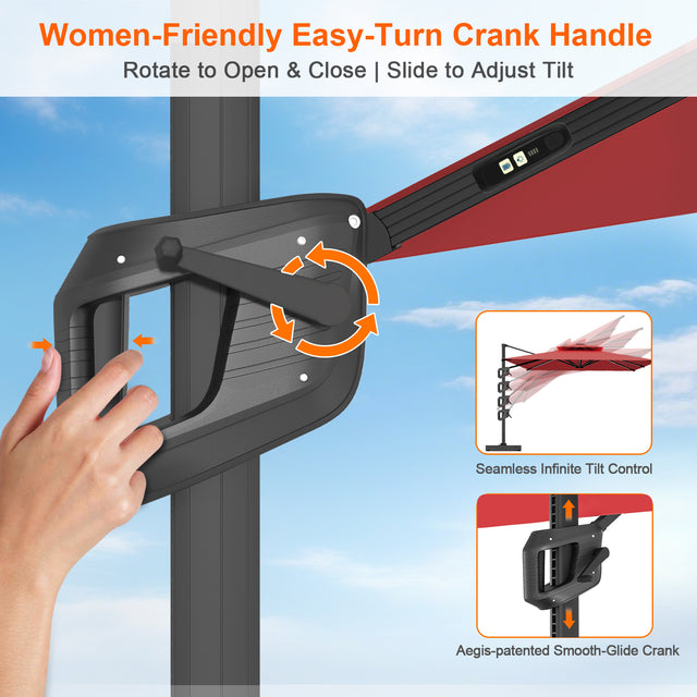 Patioslife Aegis Premium Cantilever Umbrella with Built-In LED Strip Lights and Reinforced Aluminum Ribs & Pole for Patios & Gardens