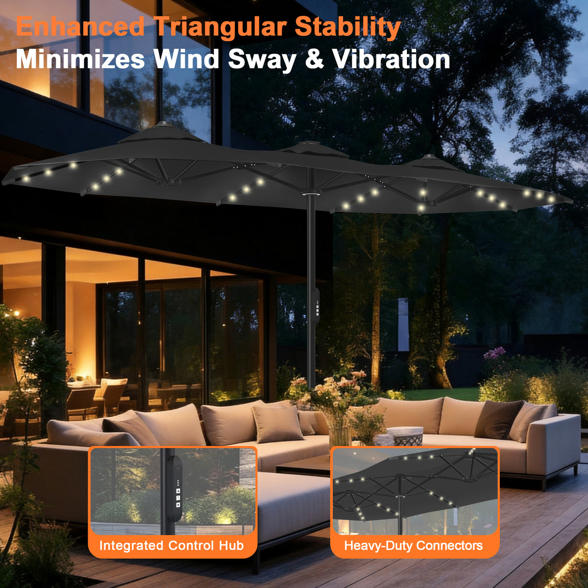 Patioslife Aegis Premium Motorized Double-Sided Patio Umbrella — Remote Control, UPF 50+, Solar LED & Windproof Frame